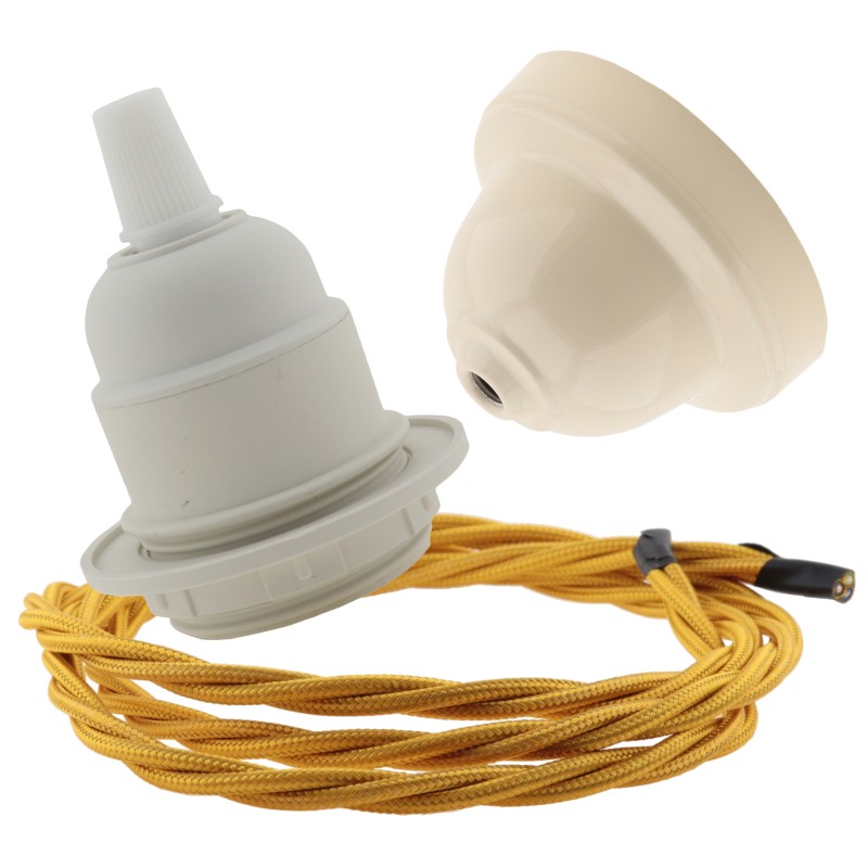 Pendant Kit with Bakelite Ceiling Cup with Applied Ivory Finish E27 White Thermoset Plastic Lampholder and Gold Flex Pendant Kit with Bakelite Ceiling Cup with Applied Ivory Finish E27 White Thermoset Plastic Lampholder and Gold Flex