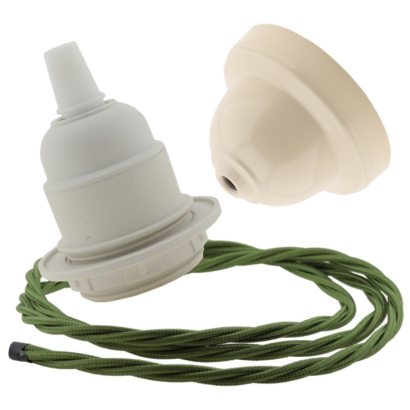 Pendant Kit with Bakelite Ceiling Cup with Applied Ivory Finish E27 White Thermoset Plastic Lampholder and Green Flex Pendant Kit with Bakelite Ceiling Cup with Applied Ivory Finish E27 White Thermoset Plastic Lampholder and Green Flex