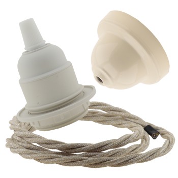 Pendant Kit with Bakelite Ceiling Cup with Applied Ivory Finish E27 White Thermoset Plastic Lampholder and Linen Flex