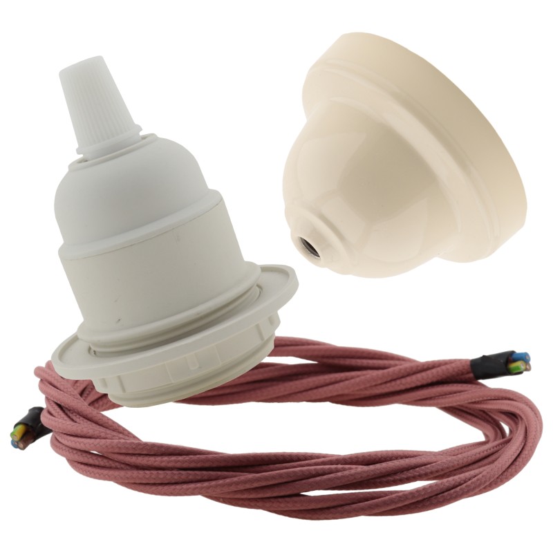 Pendant Kit with Bakelite Ceiling Cup with Applied Ivory Finish E27 White Thermoset Plastic Lampholder and Dusky Pink Flex Pendant Kit with Bakelite Ceiling Cup with Applied Ivory Finish E27 White Thermoset Plastic Lampholder and Dusky Pink Flex