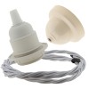Pendant Kit with Bakelite Ceiling Cup with Applied Ivory Finish E27 White Thermoset Plastic Lampholder and Silver Flex Pendant Kit with Bakelite Ceiling Cup with Applied Ivory Finish E27 White Thermoset Plastic Lampholder and Silver Flex