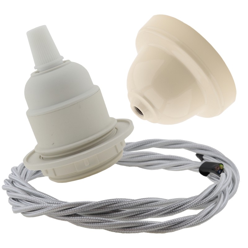 Pendant Kit with Bakelite Ceiling Cup with Applied Ivory Finish E27 White Thermoset Plastic Lampholder and Silver Flex Pendant Kit with Bakelite Ceiling Cup with Applied Ivory Finish E27 White Thermoset Plastic Lampholder and Silver Flex