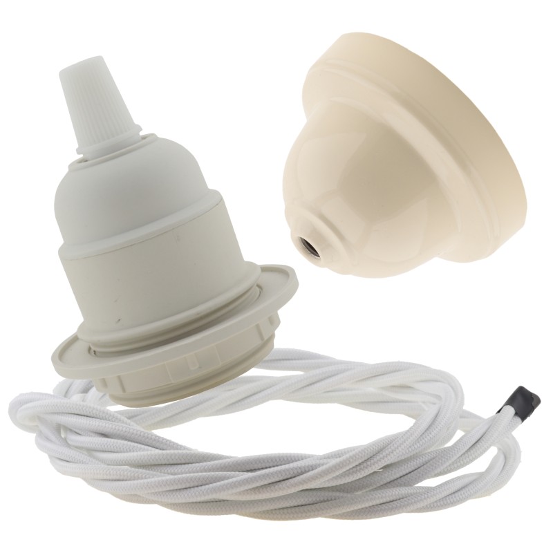 Pendant Kit with Bakelite Ceiling Cup with Applied Ivory Finish E27 White Thermoset Plastic Lampholder and White Flex Pendant Kit with Bakelite Ceiling Cup with Applied Ivory Finish E27 White Thermoset Plastic Lampholder and White Flex