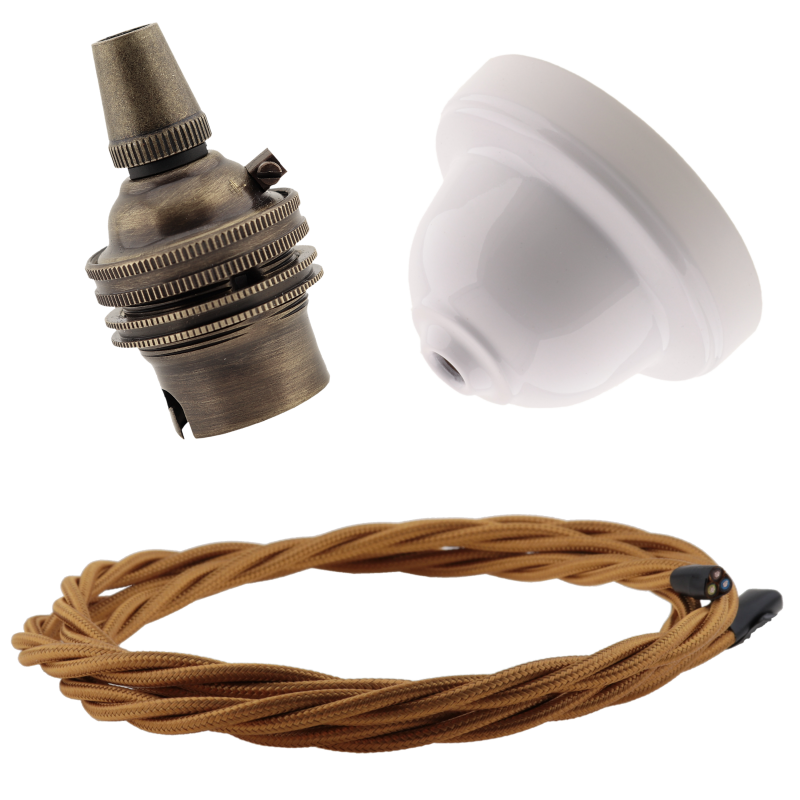 White Bakelite Ceiling Pendant Kit with B22 Antique Brass Lampholder and Antique Gold Flex White Bakelite Ceiling Pendant Kit with B22 Antique Brass Lampholder and Antique Gold Flex