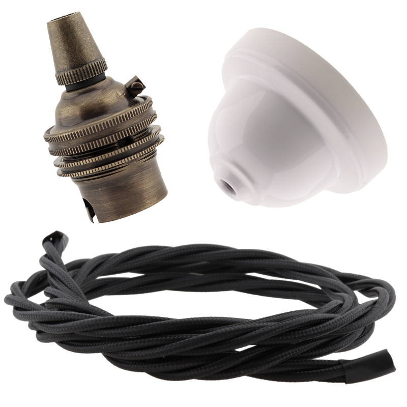 White Bakelite Ceiling Pendant Kit with B22 Antique Brass Lampholder and Black Flex White Bakelite Ceiling Pendant Kit with B22 Antique Brass Lampholder and Black Flex