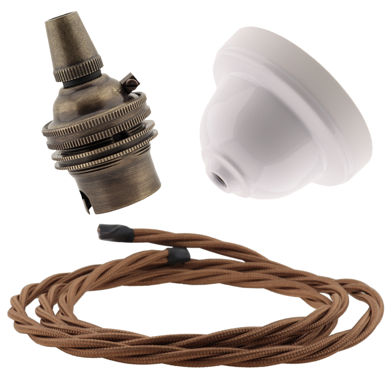 White Bakelite Ceiling Pendant Kit with B22 Antique Brass Lampholder and Bronze Flex White Bakelite Ceiling Pendant Kit with B22 Antique Brass Lampholder and Bronze Flex