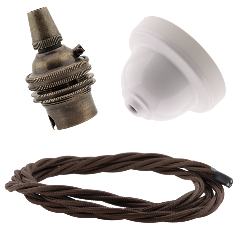 White Bakelite Ceiling Pendant Kit with B22 Antique Brass Lampholder and Mocha Brown Flex White Bakelite Ceiling Pendant Kit with B22 Antique Brass Lampholder and Mocha Brown Flex