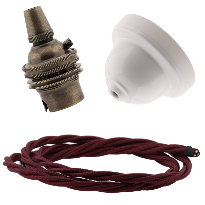 White Bakelite Ceiling Pendant Kit with B22 Antique Brass Lampholder and Rich Burgundy Flex White Bakelite Ceiling Pendant Kit with B22 Antique Brass Lampholder and Rich Burgundy Flex