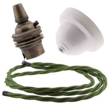 White Bakelite Ceiling Pendant Kit with B22 Antique Brass Lampholder and Green Flex