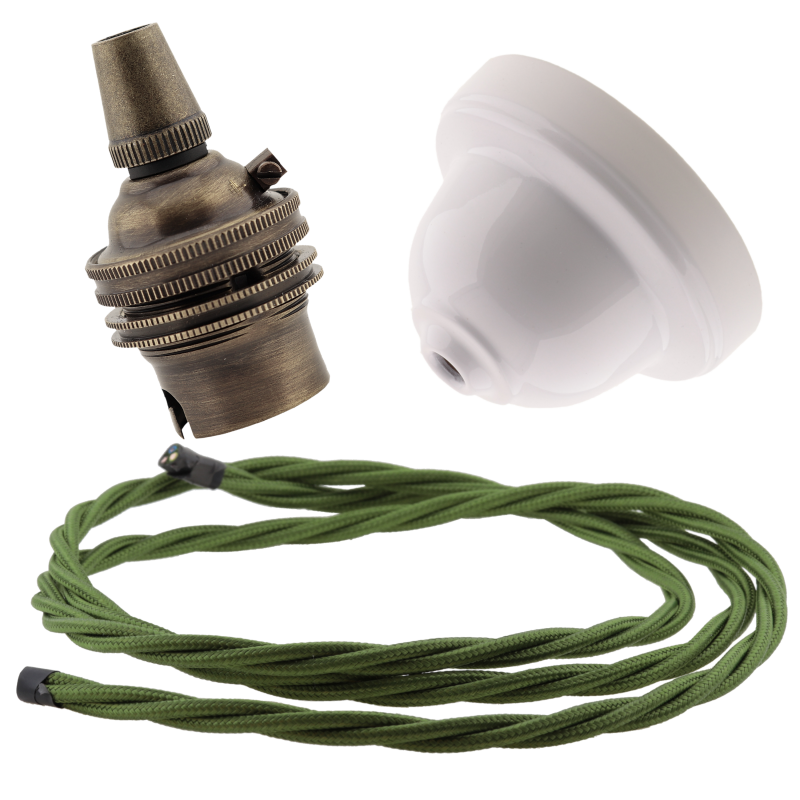 White Bakelite Ceiling Pendant Kit with B22 Antique Brass Lampholder and Green Flex White Bakelite Ceiling Pendant Kit with B22 Antique Brass Lampholder and Green Flex
