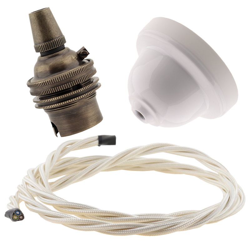 White Bakelite Ceiling Pendant Kit with B22 Antique Brass Lampholder and Classic Ivory Flex White Bakelite Ceiling Pendant Kit with B22 Antique Brass Lampholder and Classic Ivory Flex