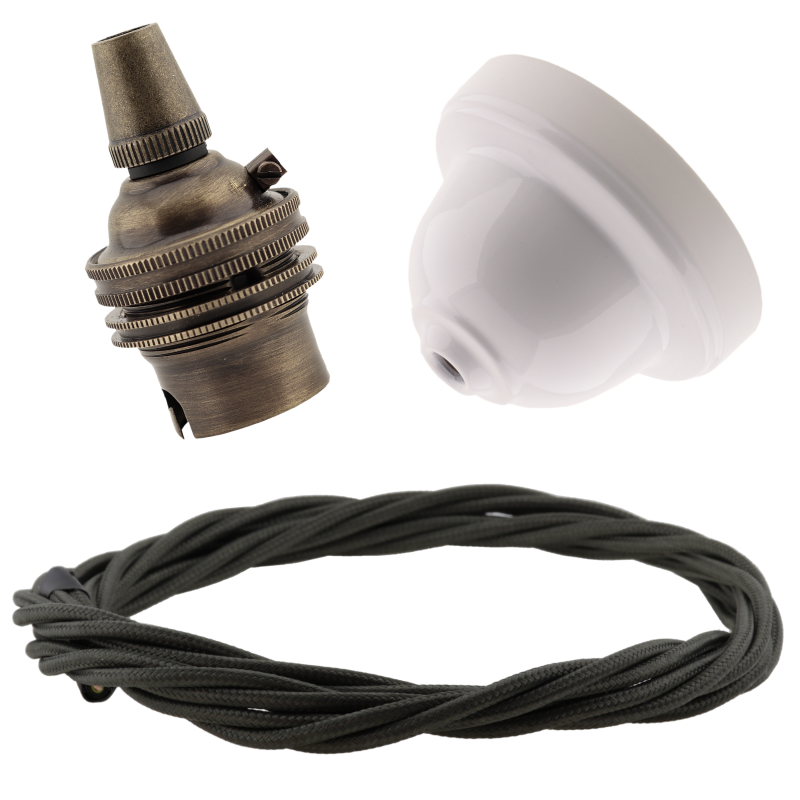 White Bakelite Ceiling Pendant Kit with B22 Antique Brass Lampholder and Khaki Green Flex White Bakelite Ceiling Pendant Kit with B22 Antique Brass Lampholder and Khaki Green Flex