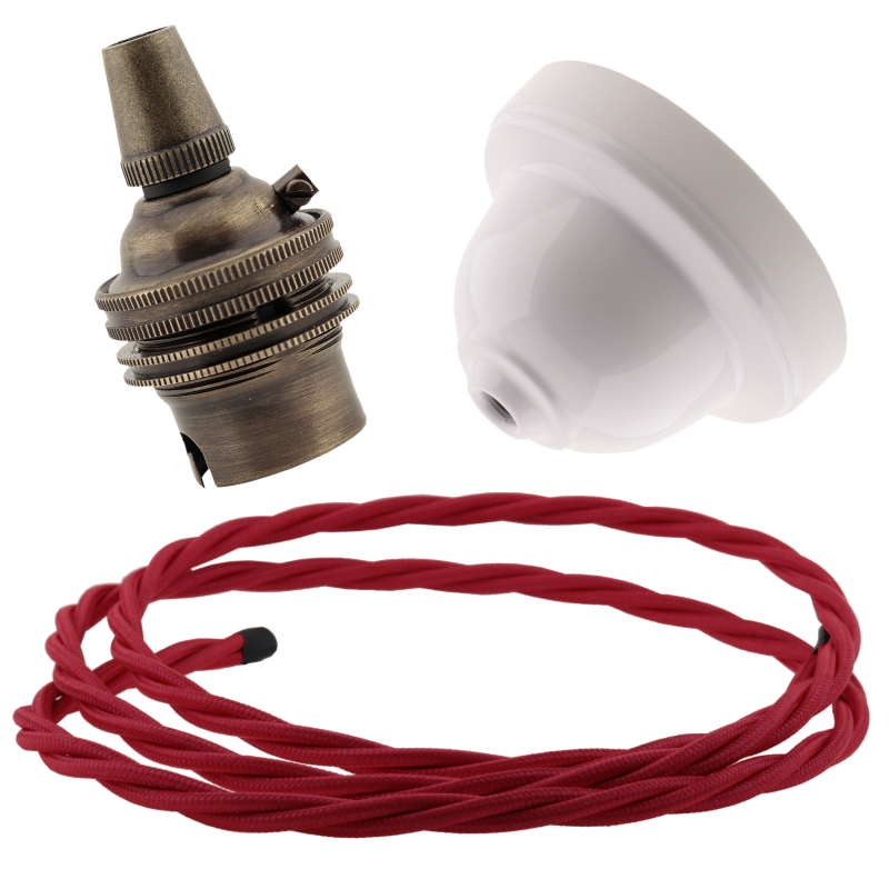 White Bakelite Ceiling Pendant Kit with B22 Antique Brass Lampholder and Bright Red Flex White Bakelite Ceiling Pendant Kit with B22 Antique Brass Lampholder and Bright Red Flex