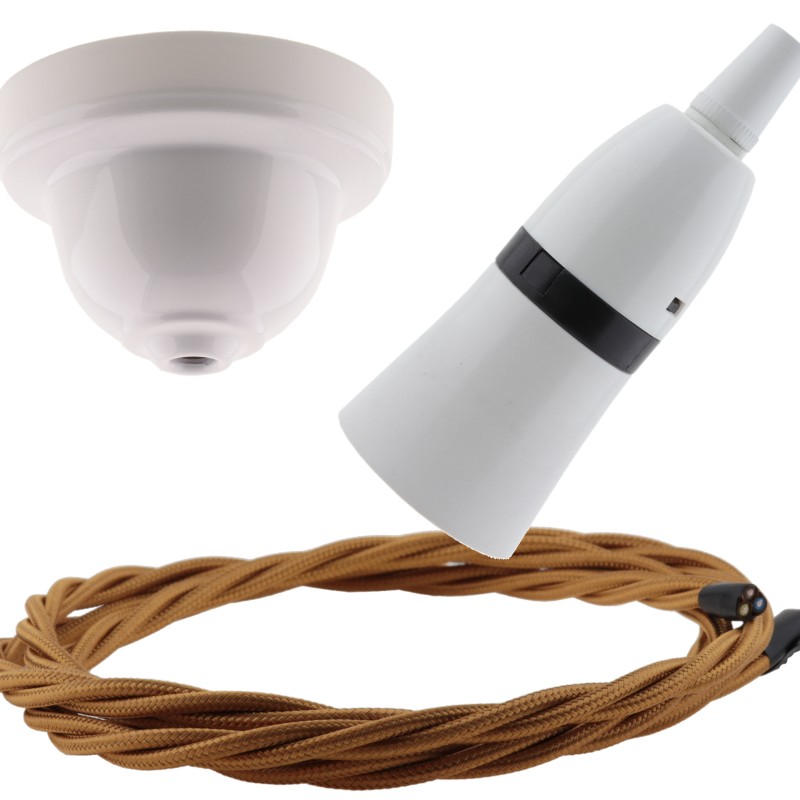 White Bakelite Ceiling Pendant Kit with B22 White Bakelite Lampholder and Antique Gold Flex White Bakelite Ceiling Pendant Kit with B22 White Bakelite Lampholder and Antique Gold Flex