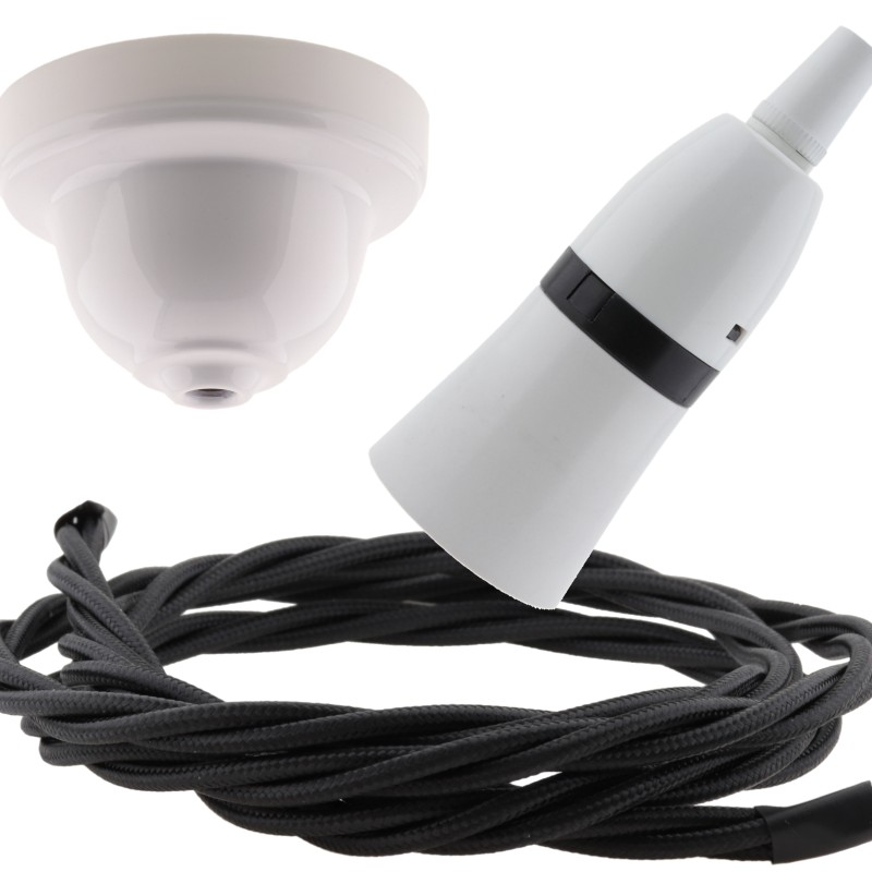 White Bakelite Ceiling Pendant Kit with B22 White Bakelite Lampholder and Black Flex White Bakelite Ceiling Pendant Kit with B22 White Bakelite Lampholder and Black Flex