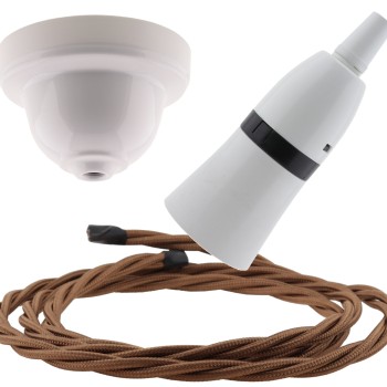 White Bakelite Ceiling Pendant Kit with B22 White Bakelite Lampholder and Bronze Flex