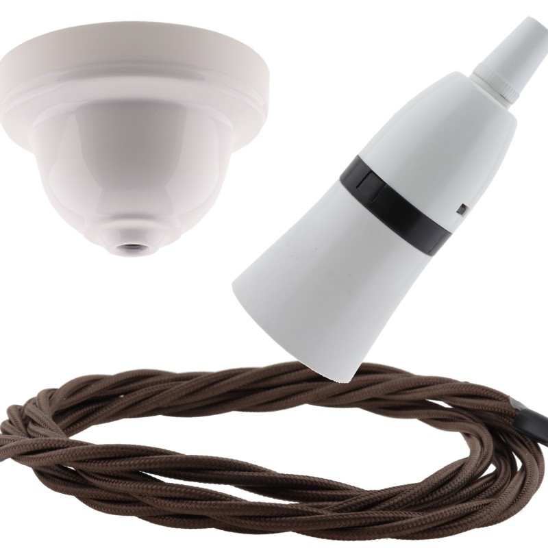 White Bakelite Ceiling Pendant Kit with B22 White Bakelite Lampholder and Mocha Brown Flex White Bakelite Ceiling Pendant Kit with B22 White Bakelite Lampholder and Mocha Brown Flex