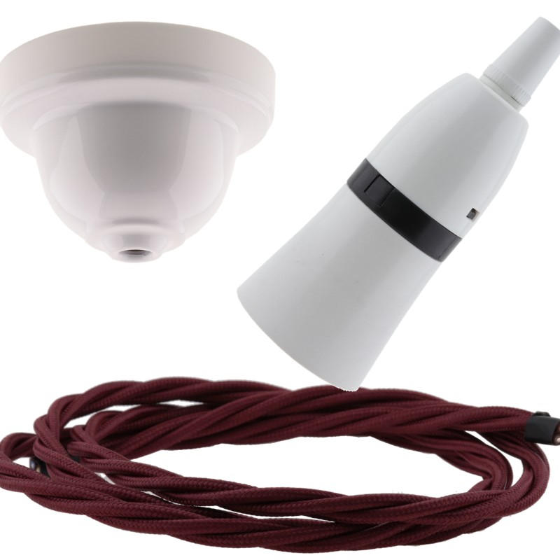 White Bakelite Ceiling Pendant Kit with B22 White Bakelite Lampholder and Rich Burgundy Flex White Bakelite Ceiling Pendant Kit with B22 White Bakelite Lampholder and Rich Burgundy Flex
