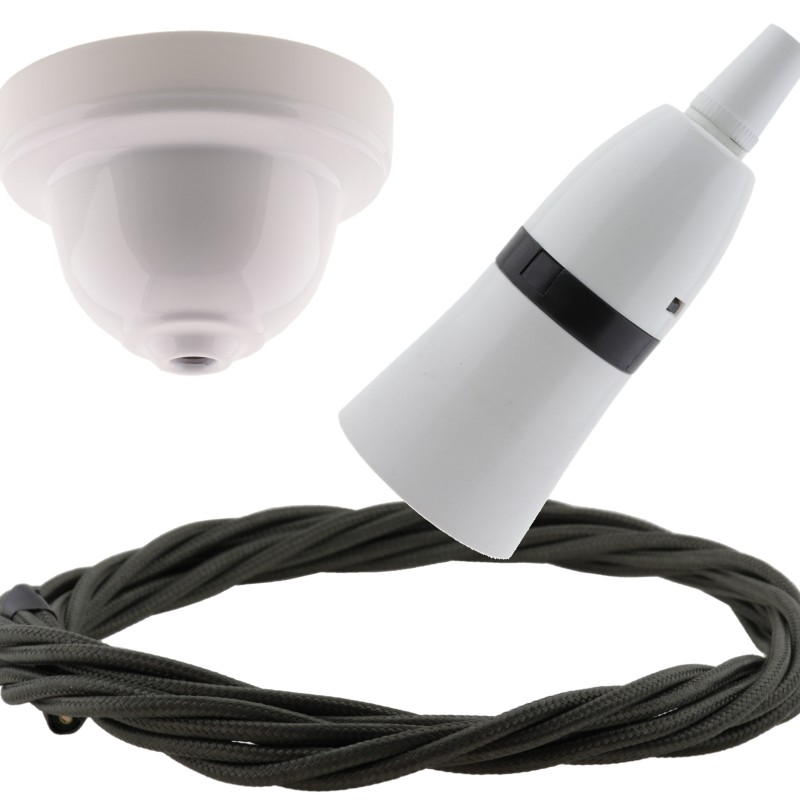 White Bakelite Ceiling Pendant Kit with B22 White Bakelite Lampholder and Khaki Green Flex White Bakelite Ceiling Pendant Kit with B22 White Bakelite Lampholder and Khaki Green Flex