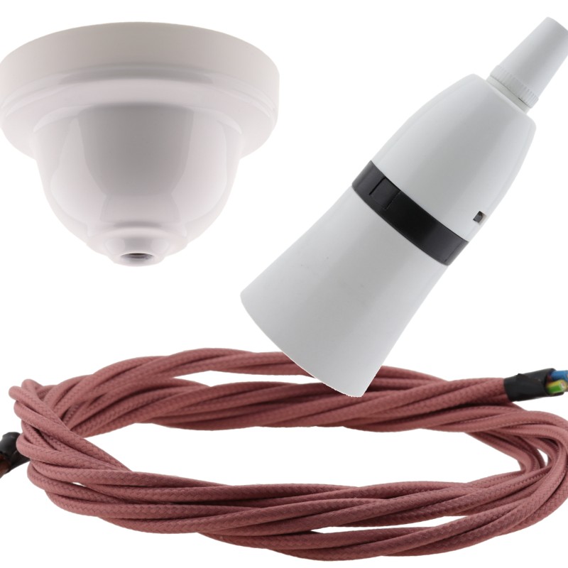 White Bakelite Ceiling Pendant Kit with B22 White Bakelite Lampholder and Dusky Pink Flex White Bakelite Ceiling Pendant Kit with B22 White Bakelite Lampholder and Dusky Pink Flex