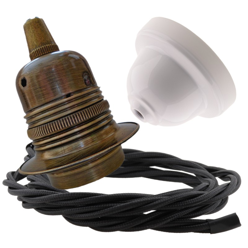 Pendant Kit with Applied White Bakelite Ceiling cup E27 Antique Brass Finish Lampholder and Black Flex Pendant Kit with Applied White Bakelite Ceiling cup E27 Antique Brass Finish Lampholder and Black Flex