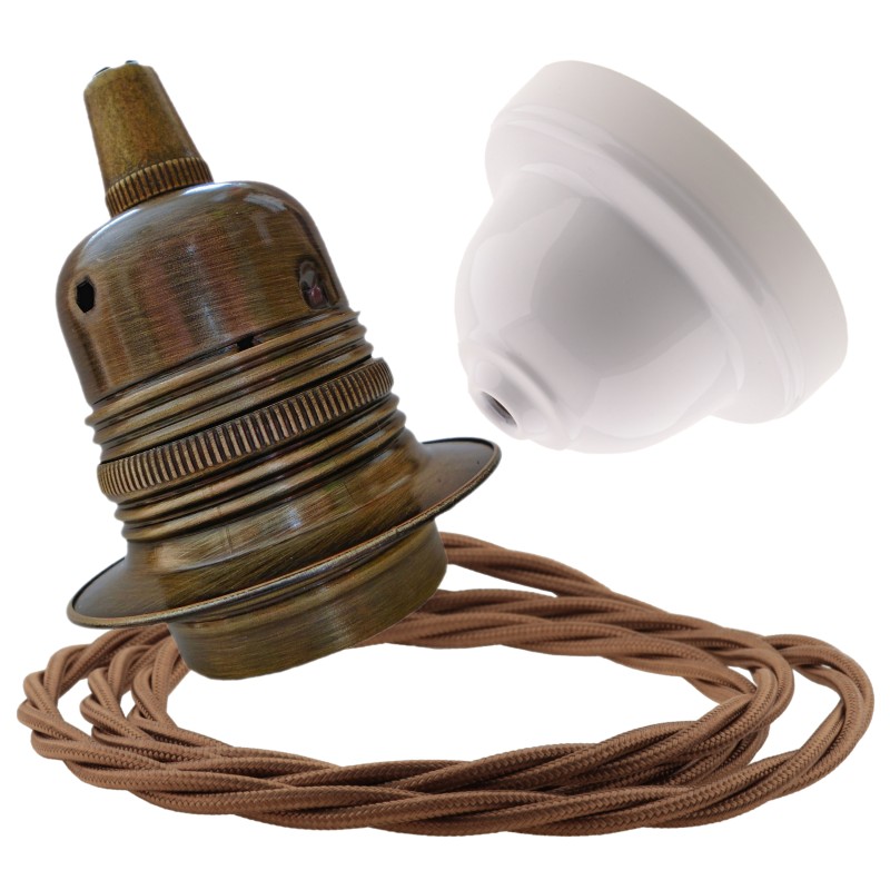 Pendant Kit with Applied White Bakelite Ceiling cup E27 Antique Brass Finish Lampholder and Bronze Flex Pendant Kit with Applied White Bakelite Ceiling cup E27 Antique Brass Finish Lampholder and Bronze Flex