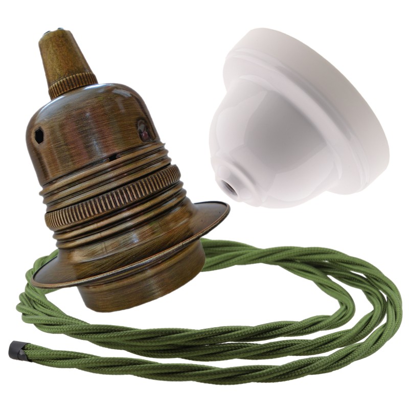 Pendant Kit with Applied White Bakelite Ceiling cup E27 Antique Brass Finish Lampholder and Green Flex Pendant Kit with Applied White Bakelite Ceiling cup E27 Antique Brass Finish Lampholder and Green Flex