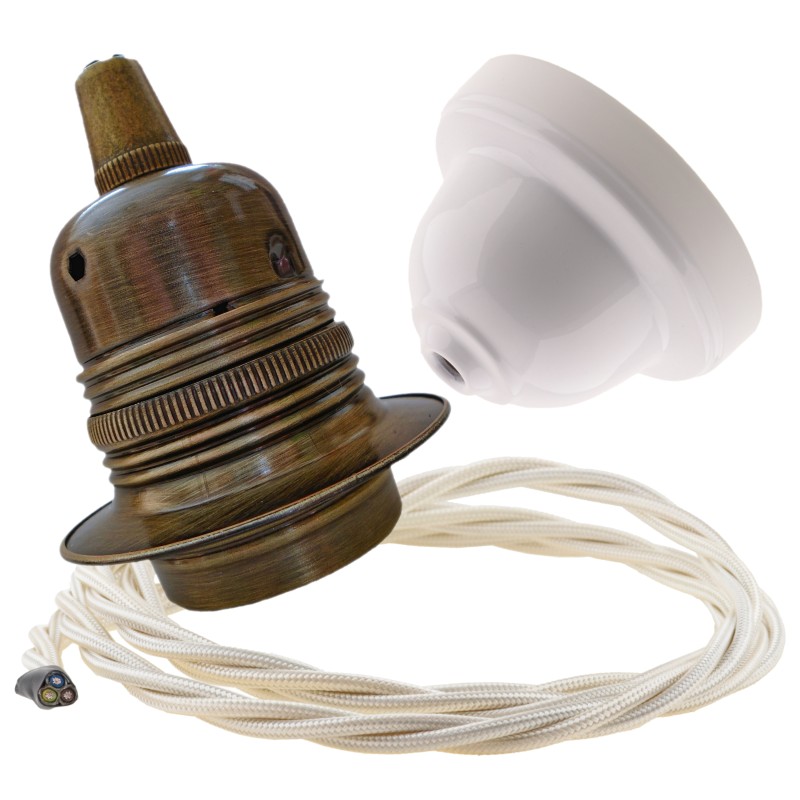 Pendant Kit with Applied White Bakelite Ceiling cup E27 Antique Brass Finish Lampholder and Classic Ivory Flex Pendant Kit with Applied White Bakelite Ceiling cup E27 Antique Brass Finish Lampholder and Classic Ivory Flex