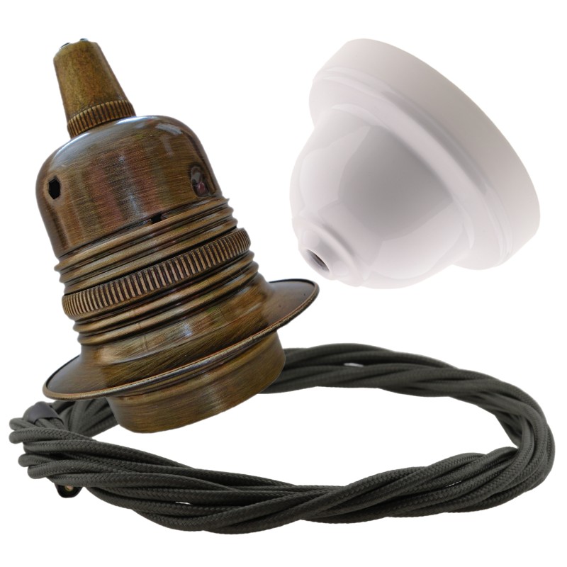Pendant Kit with Applied White Bakelite Ceiling cup E27 Antique Brass Finish Lampholder and Khaki Green Flex Pendant Kit with Applied White Bakelite Ceiling cup E27 Antique Brass Finish Lampholder and Khaki Green Flex