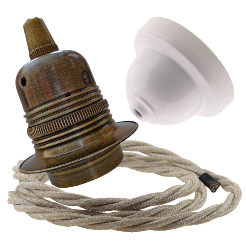 Pendant Kit with Applied White Bakelite Ceiling cup E27 Antique Brass Finish Lampholder and Linen Flex Pendant Kit with Applied White Bakelite Ceiling cup E27 Antique Brass Finish Lampholder and Linen Flex