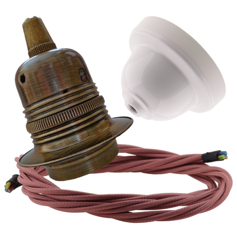 Pendant Kit with Applied White Bakelite Ceiling cup E27 Antique Brass Finish Lampholder and Dusky Pink Flex Pendant Kit with Applied White Bakelite Ceiling cup E27 Antique Brass Finish Lampholder and Dusky Pink Flex