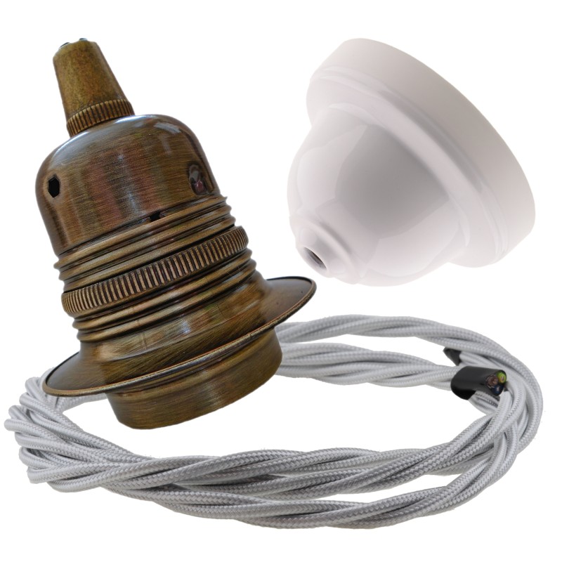 Pendant Kit with Applied White Bakelite Ceiling cup E27 Antique Brass Finish Lampholder and Silver Flex Pendant Kit with Applied White Bakelite Ceiling cup E27 Antique Brass Finish Lampholder and Silver Flex