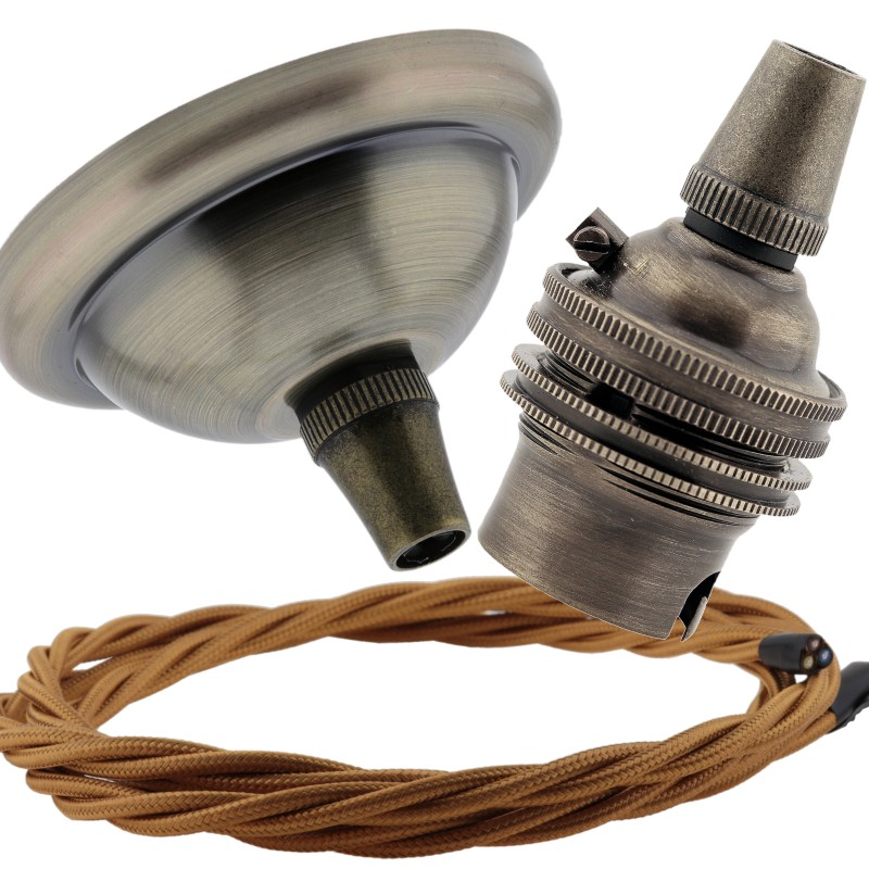 Small Antique Brass Ceiling Pendant Kit and B22 Lampholder with Antique Gold Flex Small Antique Brass Ceiling Pendant Kit and B22 Lampholder with Antique Gold Flex
