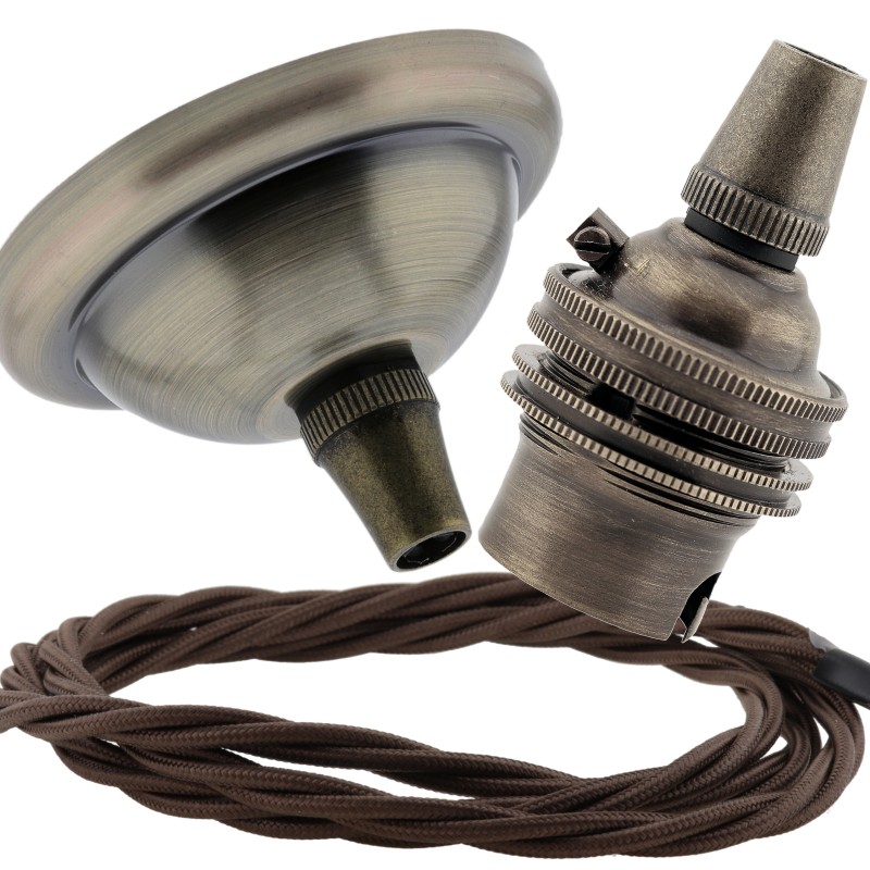 Small Antique Brass Ceiling Pendant Kit and B22 Lampholder with Mocha Brown Flex Small Antique Brass Ceiling Pendant Kit and B22 Lampholder with Mocha Brown Flex