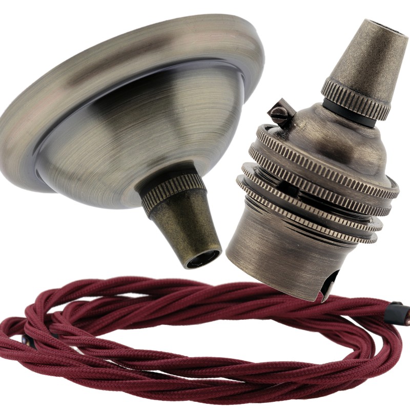 Small Antique Brass Ceiling Pendant Kit and B22 Lampholder with Rich Burgundy Flex Small Antique Brass Ceiling Pendant Kit and B22 Lampholder with Rich Burgundy Flex