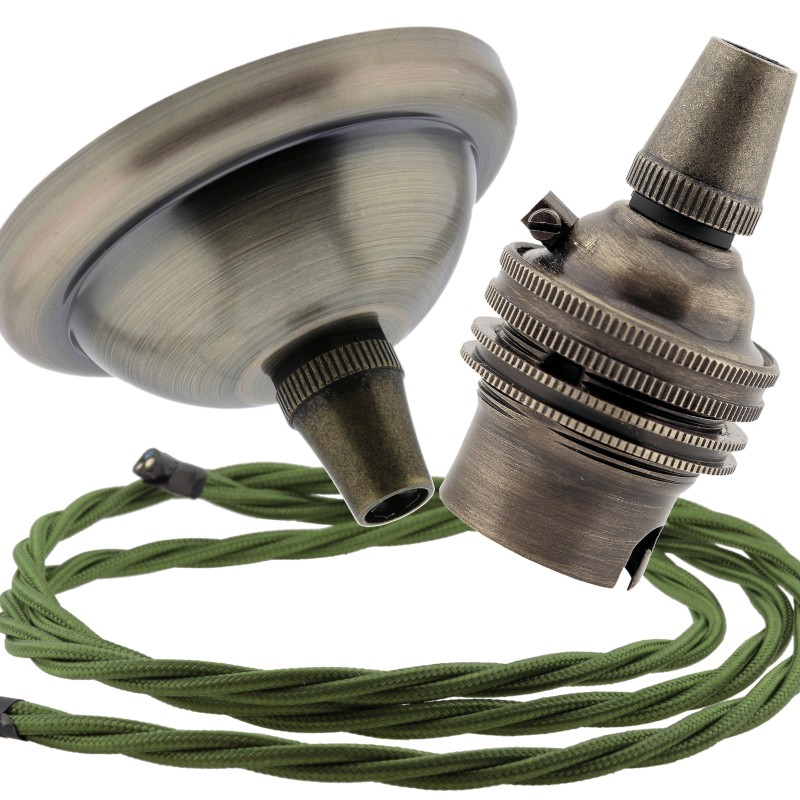 Small Antique Brass Ceiling Pendant Kit and B22 Lampholder with Green Flex Small Antique Brass Ceiling Pendant Kit and B22 Lampholder with Green Flex