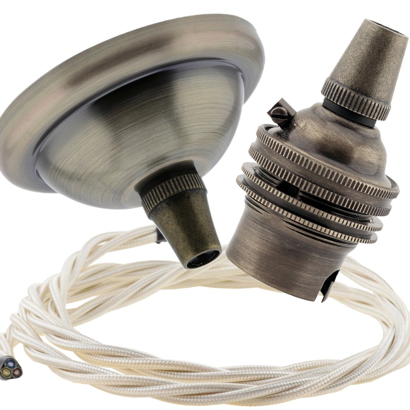 Small Antique Brass Ceiling Pendant Kit and B22 Lampholder with Classic Ivory Flex Small Antique Brass Ceiling Pendant Kit and B22 Lampholder with Classic Ivory Flex