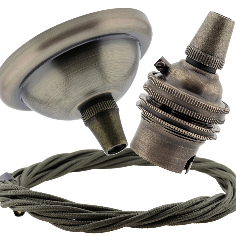 Small Antique Brass Ceiling Pendant Kit and B22 Lampholder with Khaki Green Flex Small Antique Brass Ceiling Pendant Kit and B22 Lampholder with Khaki Green Flex