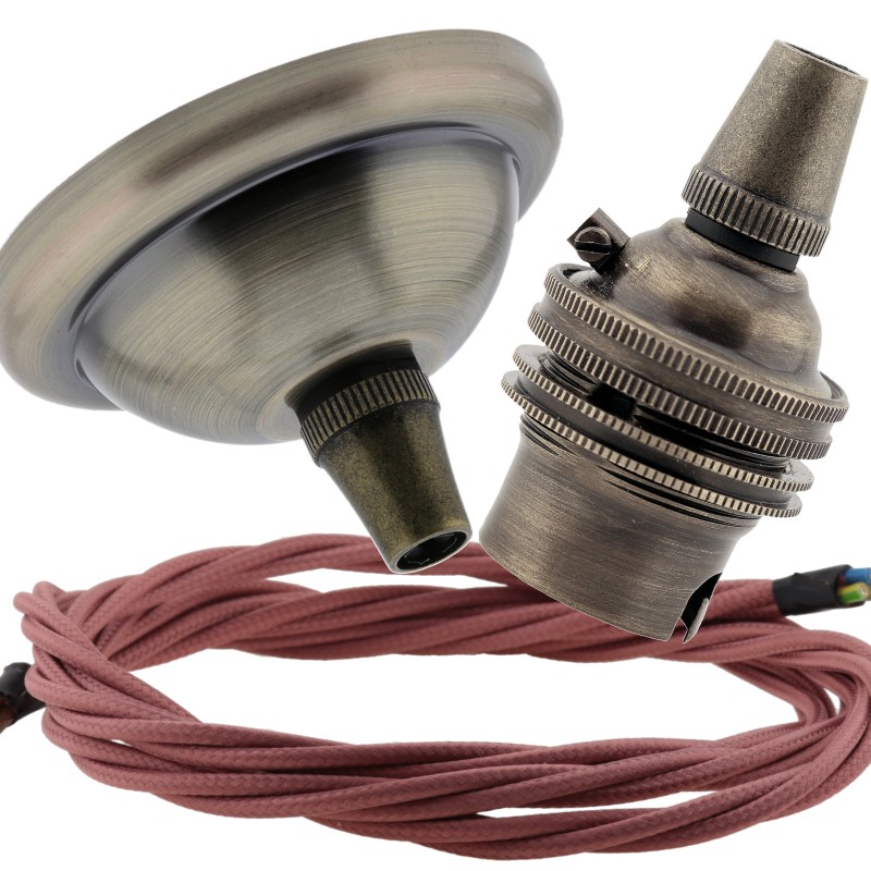 Small Antique Brass Ceiling Pendant Kit and B22 Lampholder with Dusky Pink Flex Small Antique Brass Ceiling Pendant Kit and B22 Lampholder with Dusky Pink Flex