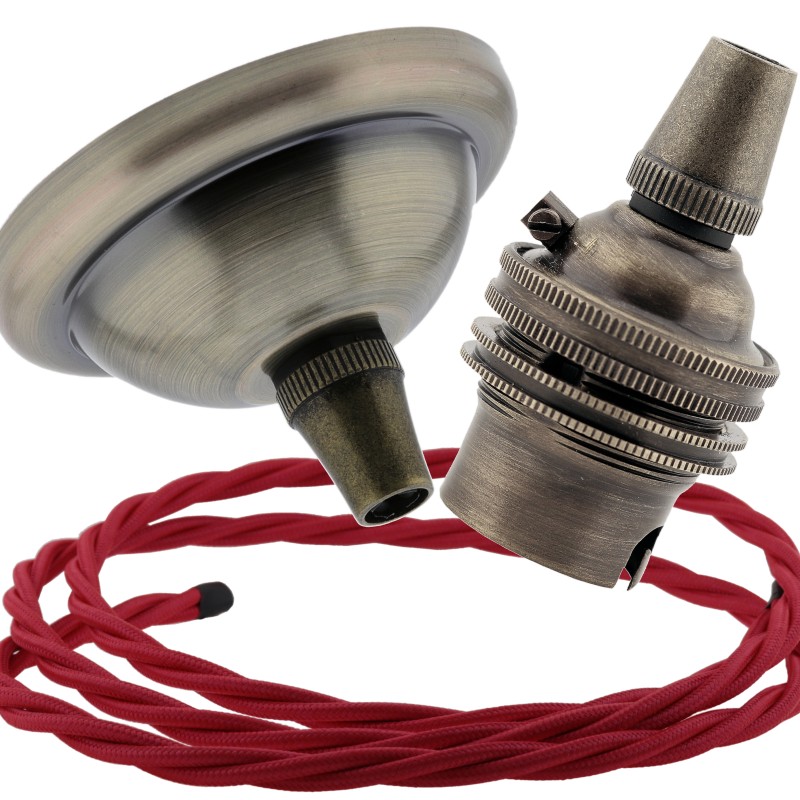 Small Antique Brass Ceiling Pendant Kit and B22 Lampholder with Poppy Red Flex
