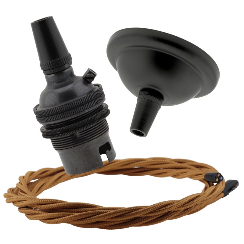 Small Black Period Ceiling Pendant Kit with B22 Metal Dark Bronze Lampholder and Antique Gold Flex Small Black Period Ceiling Pendant Kit with B22 Metal Dark Bronze Lampholder and Antique Gold Flex