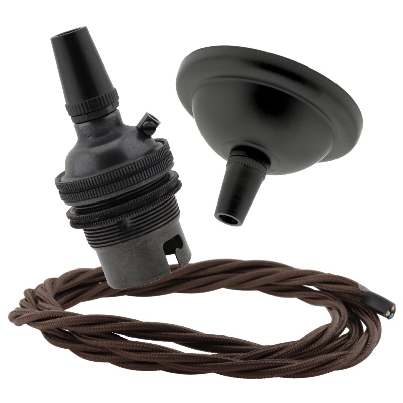 Small Black Period Ceiling Pendant Kit with B22 Metal Dark Bronze Lampholder and Mocha Brown Flex Small Black Period Ceiling Pendant Kit with B22 Metal Dark Bronze Lampholder and Mocha Brown Flex