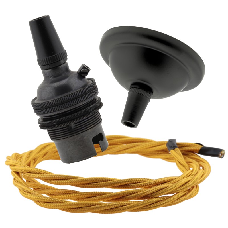 Small Black Period Ceiling Pendant Kit with B22 Metal Dark Bronze Lampholder and Gold Flex Small Black Period Ceiling Pendant Kit with B22 Metal Dark Bronze Lampholder and Gold Flex