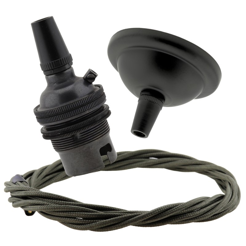 Small Black Period Ceiling Pendant Kit with B22 Metal Dark Bronze Lampholder and Khaki Green Flex Small Black Period Ceiling Pendant Kit with B22 Metal Dark Bronze Lampholder and Khaki Green Flex
