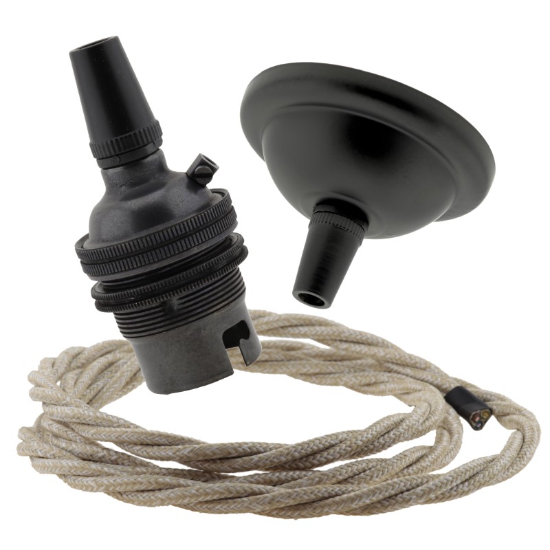 Small Black Period Ceiling Pendant Kit with B22 Metal Dark Bronze Lampholder and Linen Flex Small Black Period Ceiling Pendant Kit with B22 Metal Dark Bronze Lampholder and Linen Flex