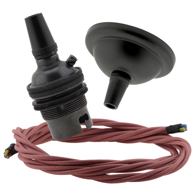 Small Black Period Ceiling Pendant Kit with B22 Metal Dark Bronze Lampholder and Dusky Pink Flex Small Black Period Ceiling Pendant Kit with B22 Metal Dark Bronze Lampholder and Dusky Pink Flex