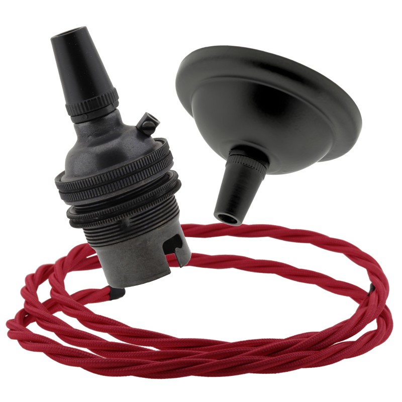 Small Black Period Ceiling Pendant Kit with B22 Metal Dark Bronze Lampholder and Bright Red Flex Small Black Period Ceiling Pendant Kit with B22 Metal Dark Bronze Lampholder and Bright Red Flex
