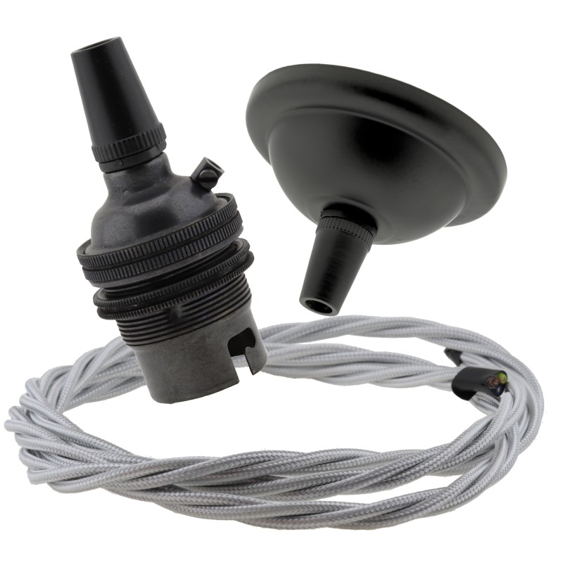 Small Black Period Ceiling Pendant Kit with B22 Metal Dark Bronze Lampholder and Silver Flex Small Black Period Ceiling Pendant Kit with B22 Metal Dark Bronze Lampholder and Silver Flex