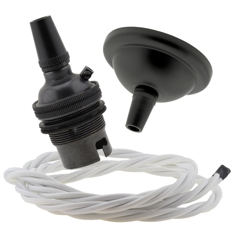 Small Black Period Ceiling Pendant Kit with B22 Metal Dark Bronze Lampholder and White Flex Small Black Period Ceiling Pendant Kit with B22 Metal Dark Bronze Lampholder and White Flex