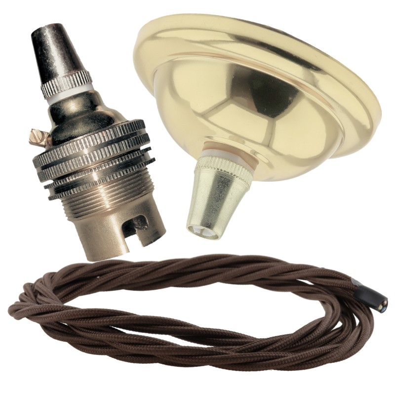 Small Brass Effect Ceiling Pendant Kit and B22 Brass Lampholder with Mocha Brown Flex Small Brass Effect Ceiling Pendant Kit and B22 Brass Lampholder with Mocha Brown Flex